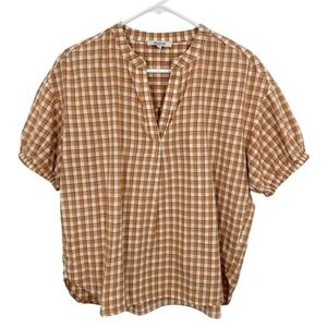 Madewell Brown Gingham Plaid Tunic Top Short Sleeve V Neck Women Size S